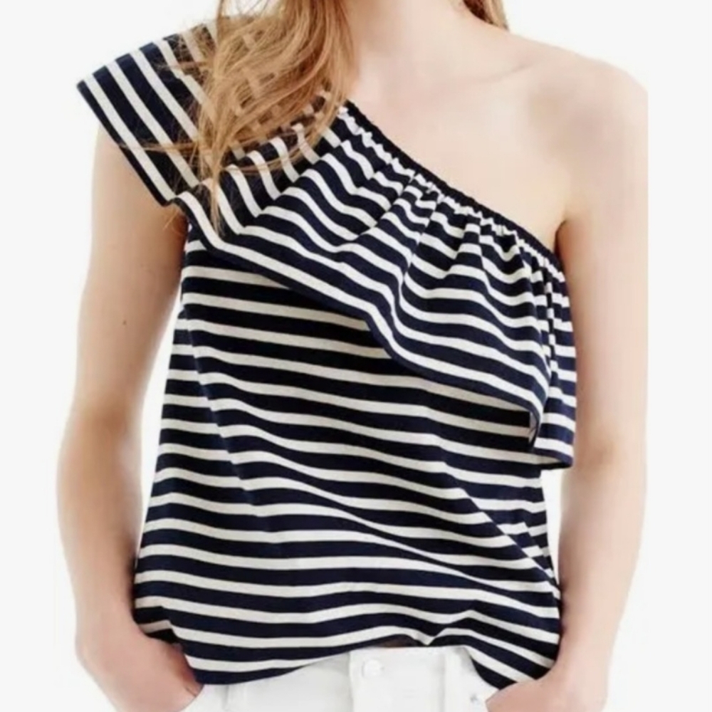 J. Crew Black and White Striped One-Shoulder Top Size XS